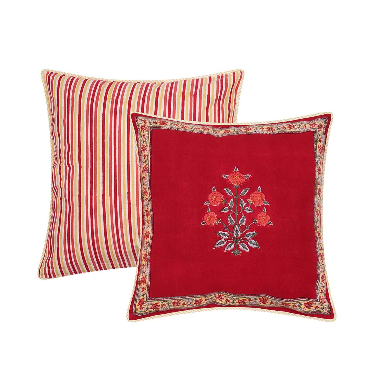 Square block printed Kum Kum Cushion Cover in reds and yellows