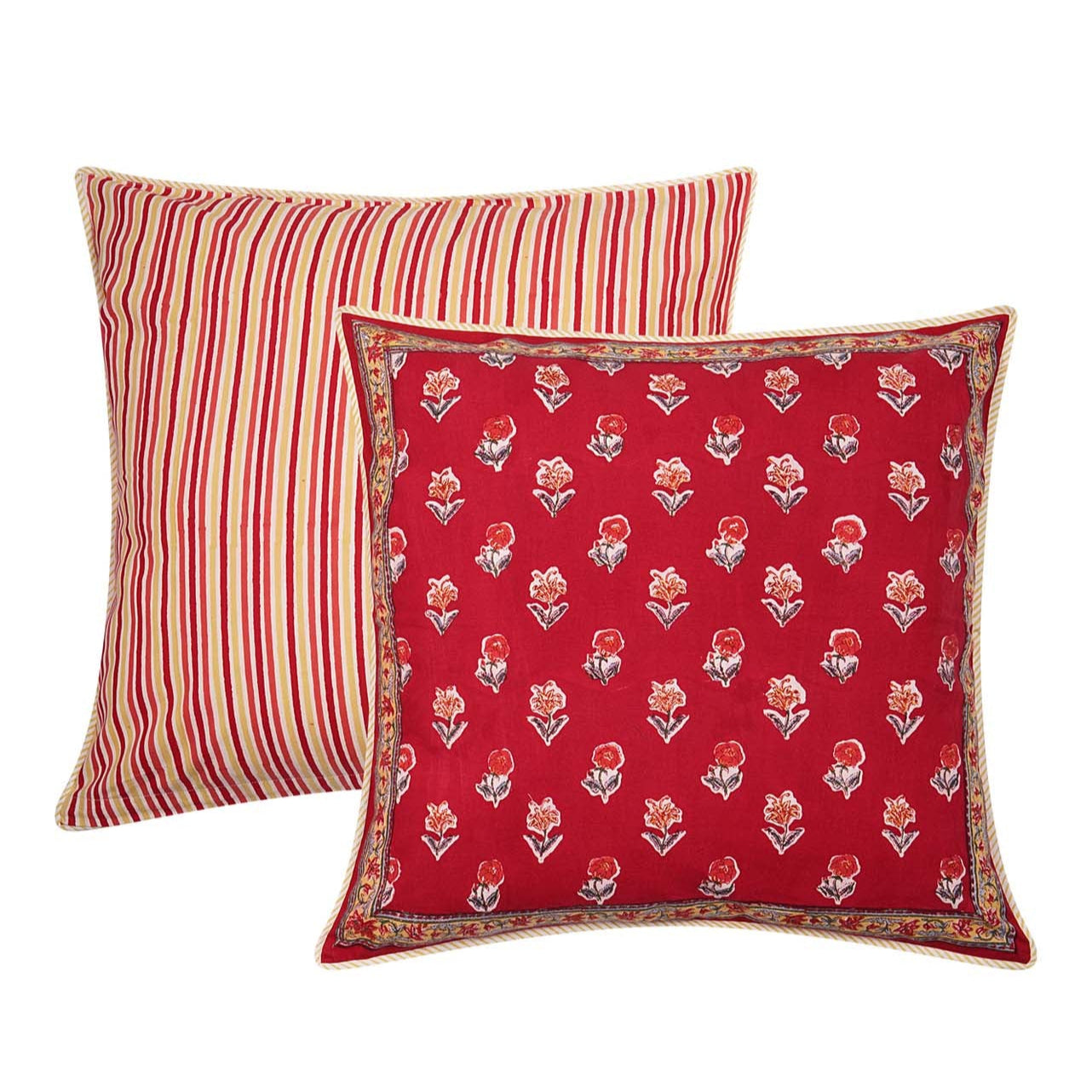 Square block printed Kum Kum cushion cover in reds