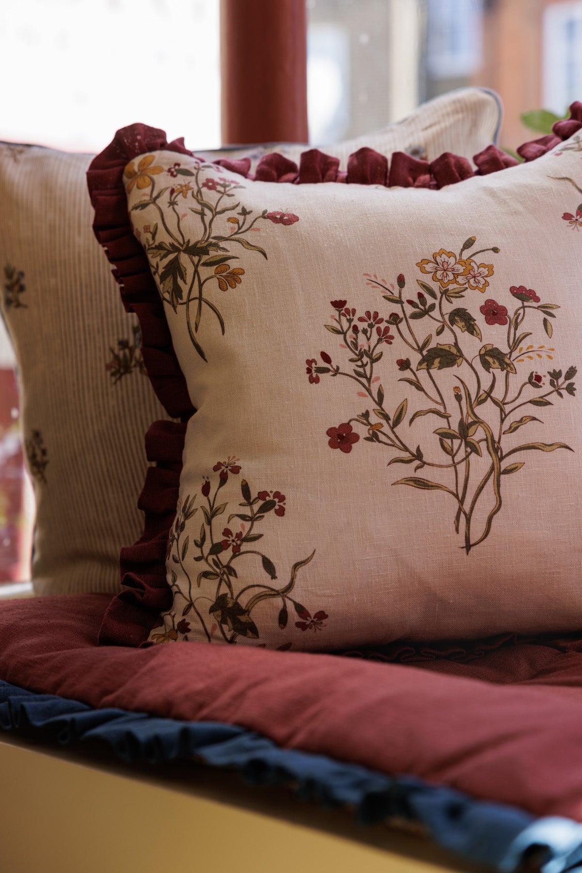Flax & Field Flower Print Cushion in Scarlet with Scarlet Frill