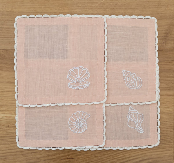 Hand Embroidered Seashell Glow Cocktail Napkins 6" x 6" (Set of 4)