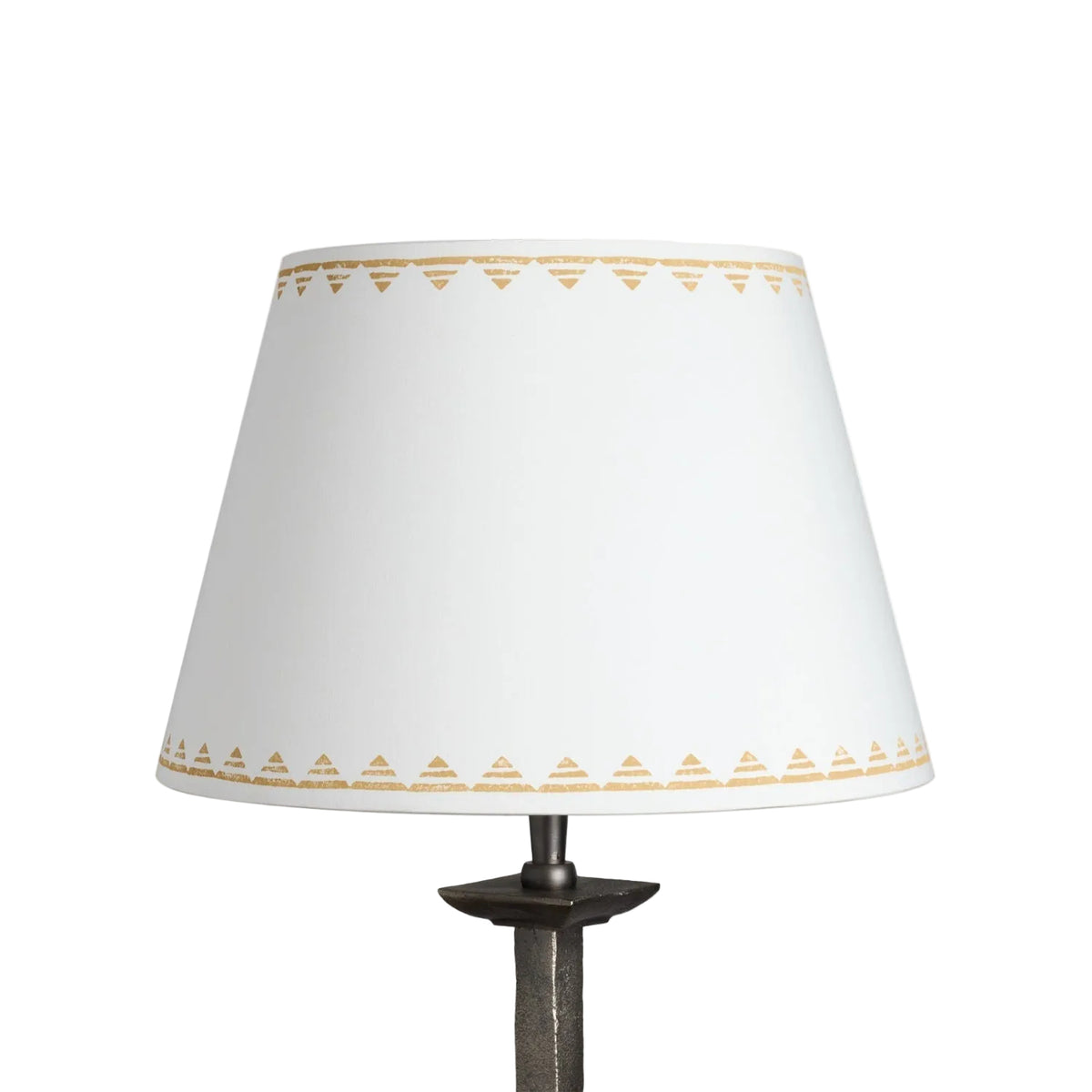 Full product image of the Lined Trigon Lampshade in a soft cream fabric, decorated with a neat yellow triangle border. The empire lampshade showcases a geometric lampshade design perfect for both classic and contemporary interiors.