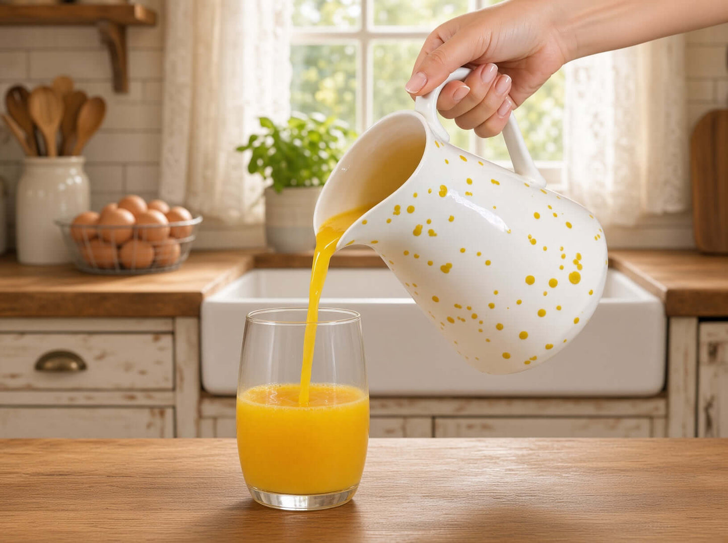 Milk Jug, White with Yellow Spots