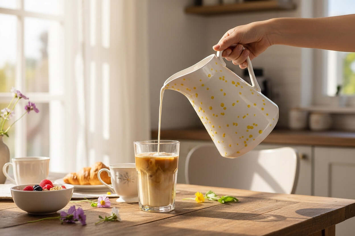 Milk Jug, White with Yellow Spots