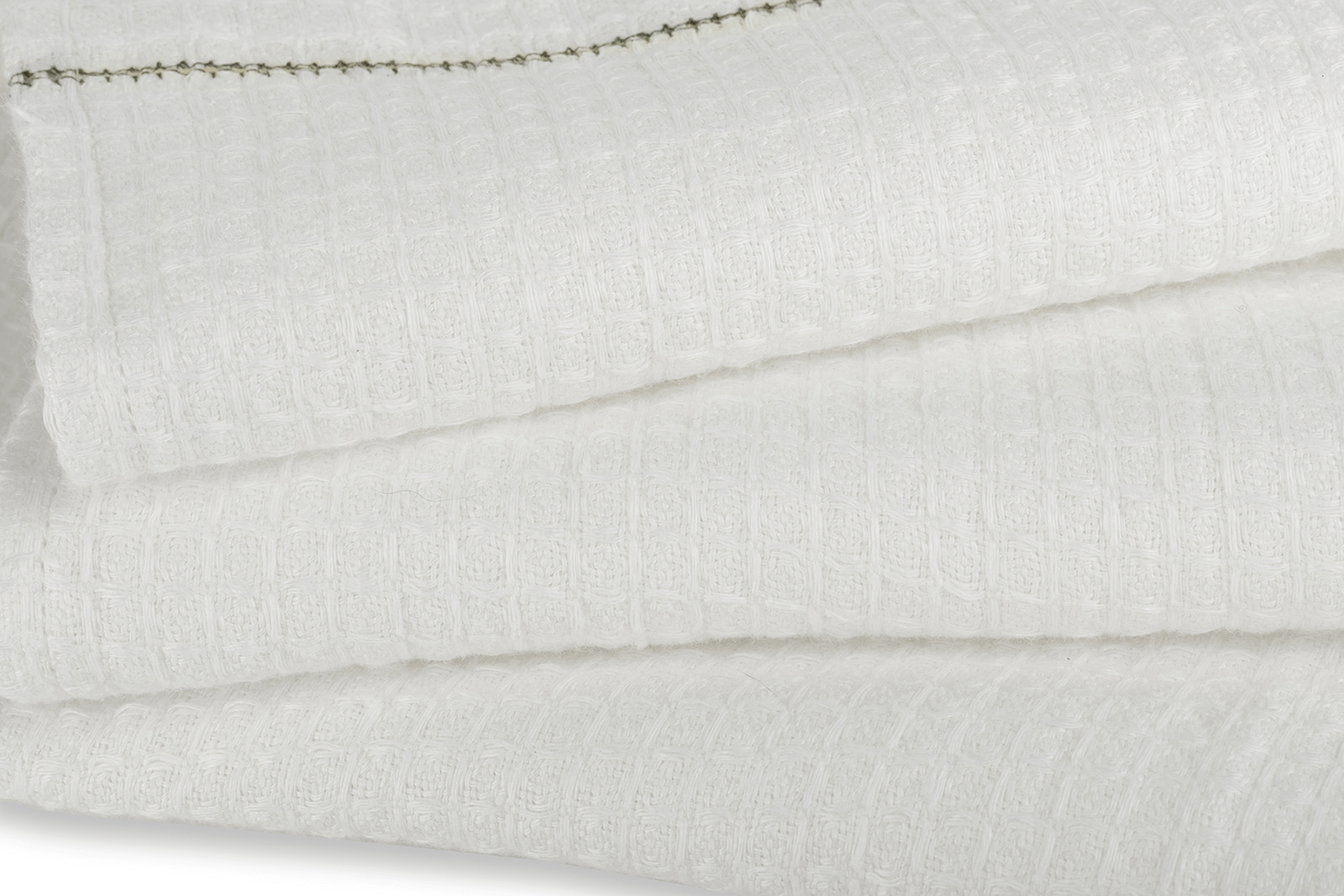 Liège Hand Towel in Ivory White Waffle with Olive Green Hemstitch
