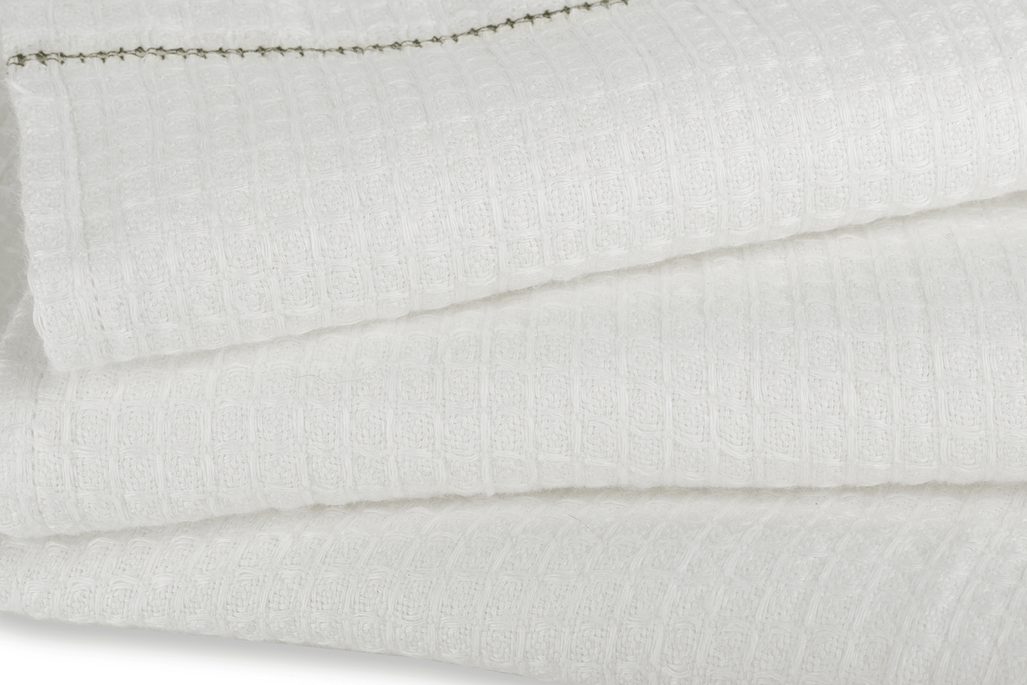 Liège Hand Towel in Ivory White Waffle with Olive Green Hemstitch