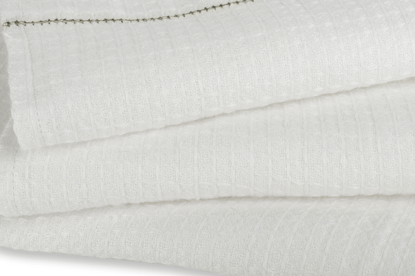 Liège Hand Towel in Ivory White Waffle with Olive Green Hemstitch