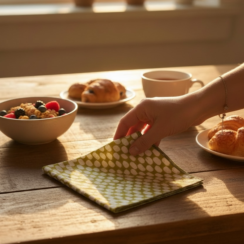 Olive Lunch Layers Cloth Napkin | Block Print | 18x18 in