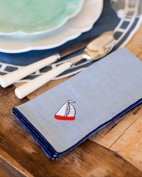 Blue Rolled-Edge Napkin with Boat