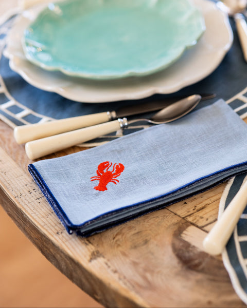 Blue Rolled-Edge Napkin with Red Lobster