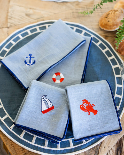 Blue Rolled-Edge Napkin with Red Lobster