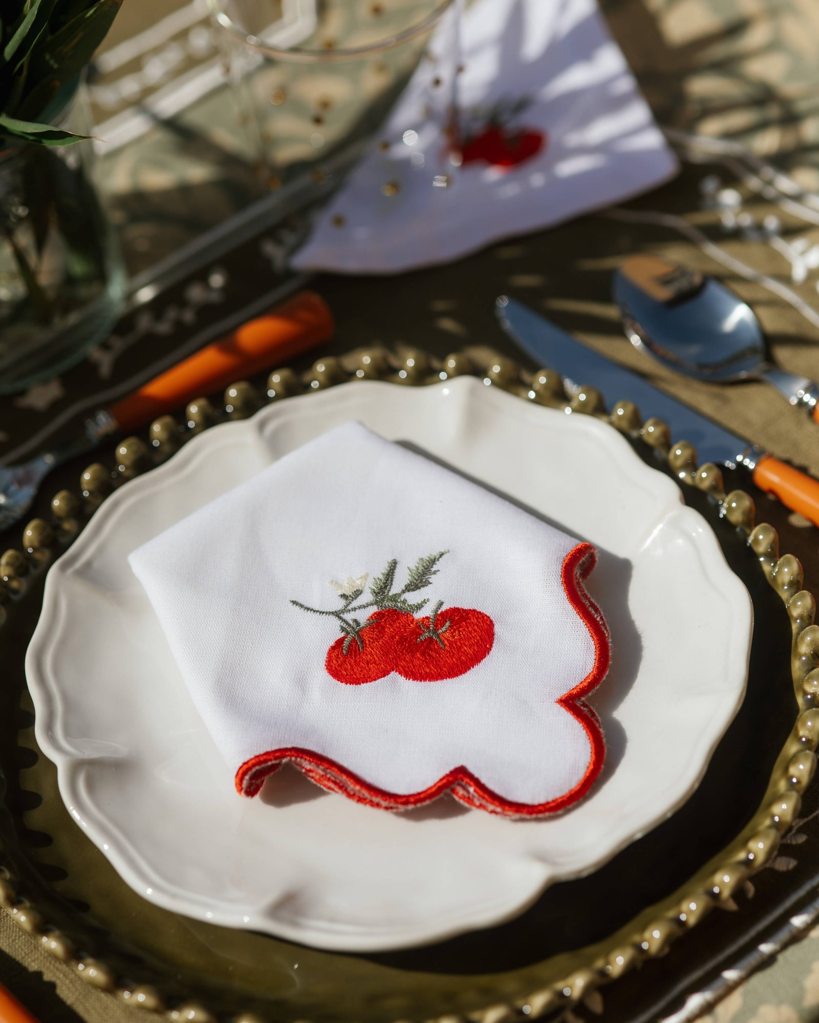 Red Scalloped Napkin with Tomato Embroidery