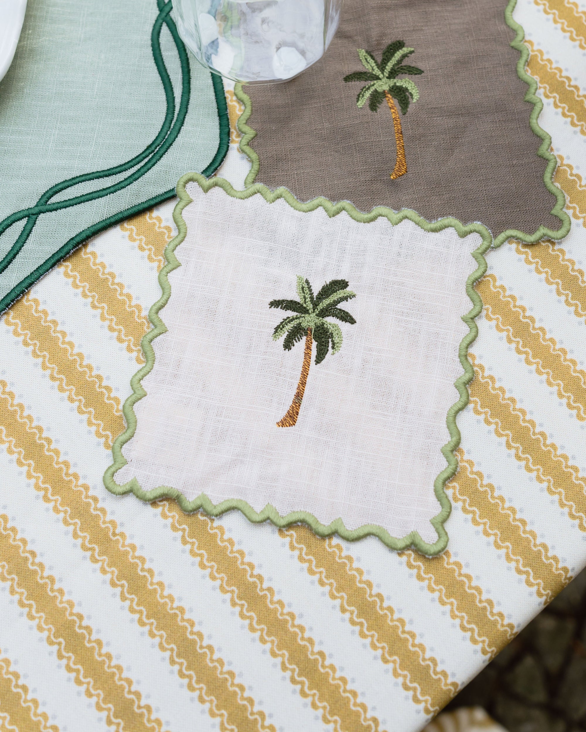 Baby Pink Scalloped Cocktail Napkin with Green Palm Tree