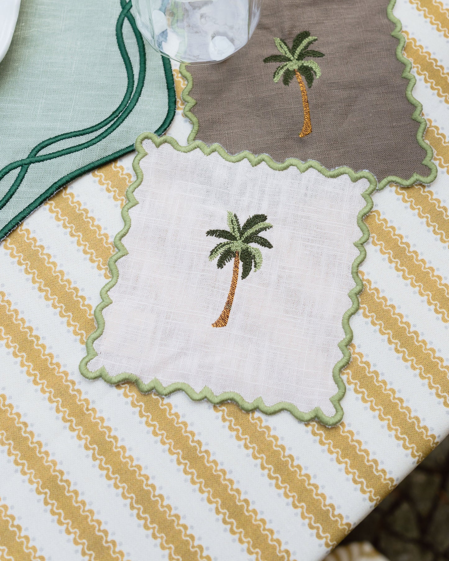 Baby Pink Scalloped Cocktail Napkin with Green Palm Tree