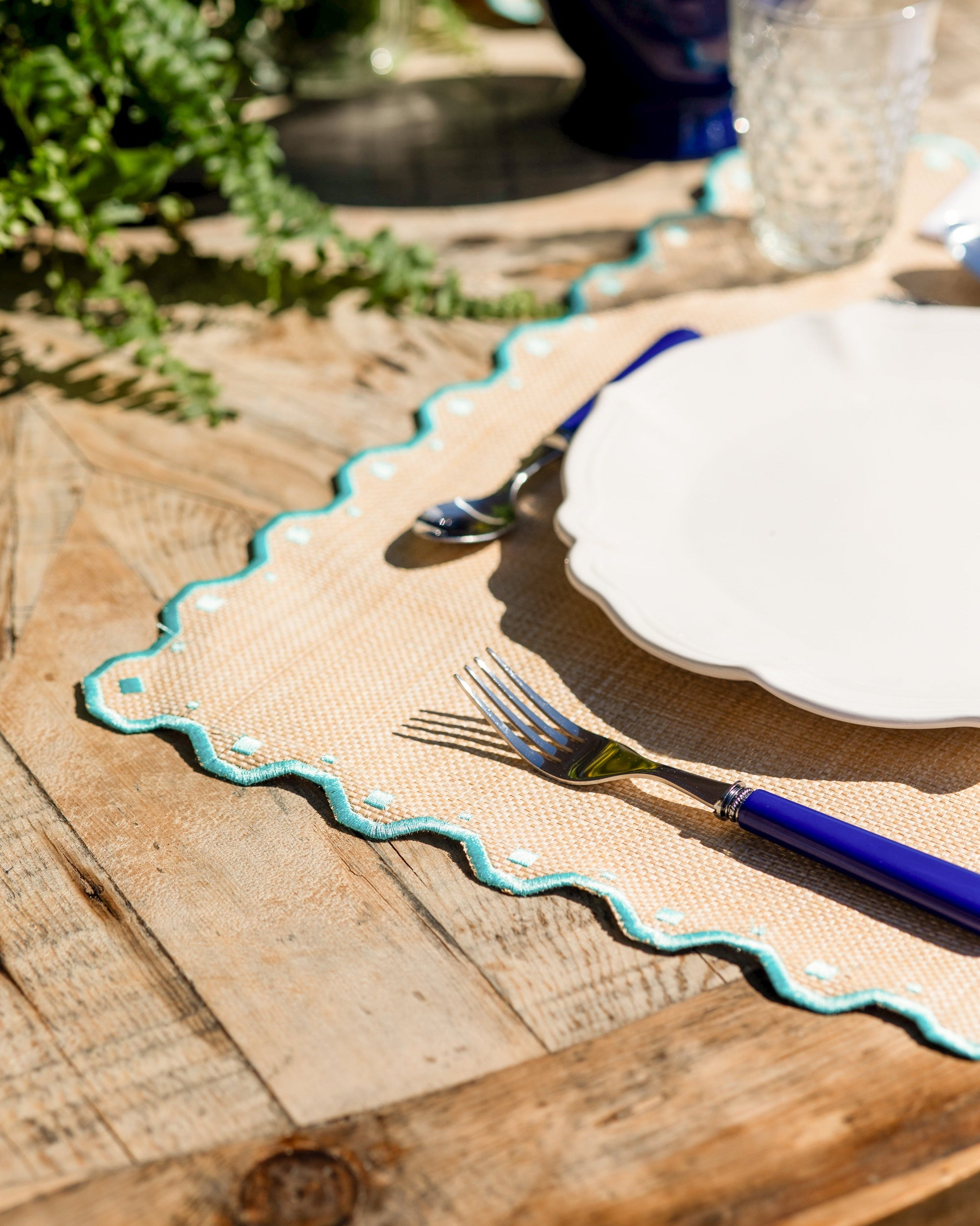 Placemat Porto, Raffia with Turquoise Blue