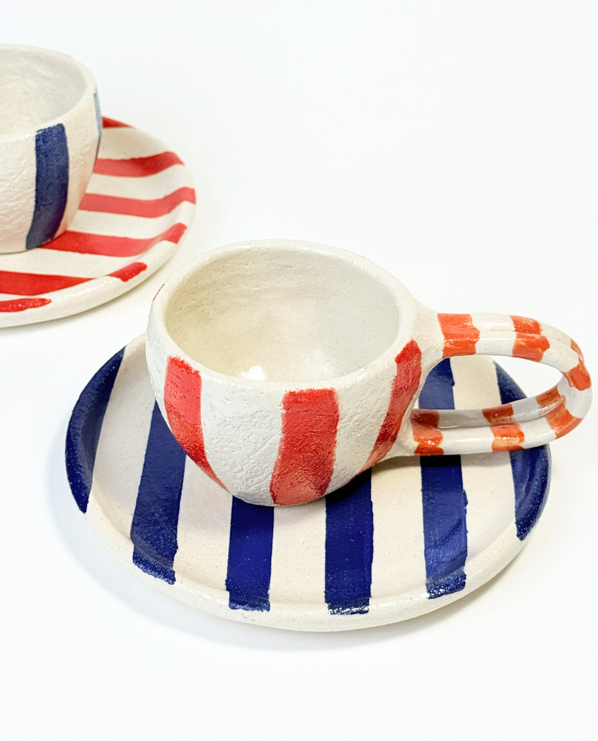 Stripe mugs with round plate SET of 2