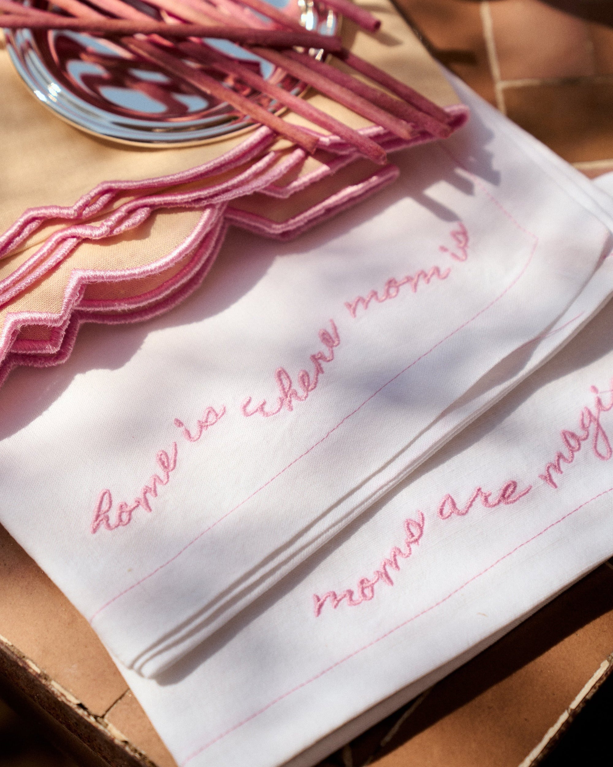 Pink Embroidered Napkins, Mother’s Day Edition (Pack of 2)