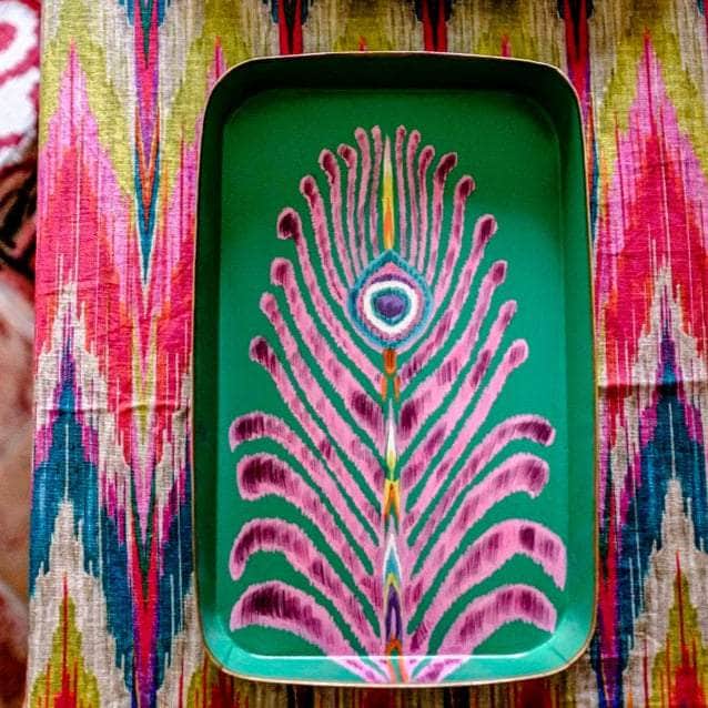 Les Ottomans x Matthew Williamson Hand-Painted Peacock Iron Tray - Green