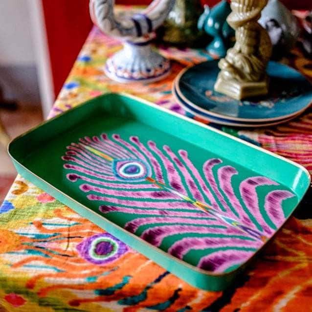 Les Ottomans x Matthew Williamson Hand-Painted Peacock Iron Tray - Green