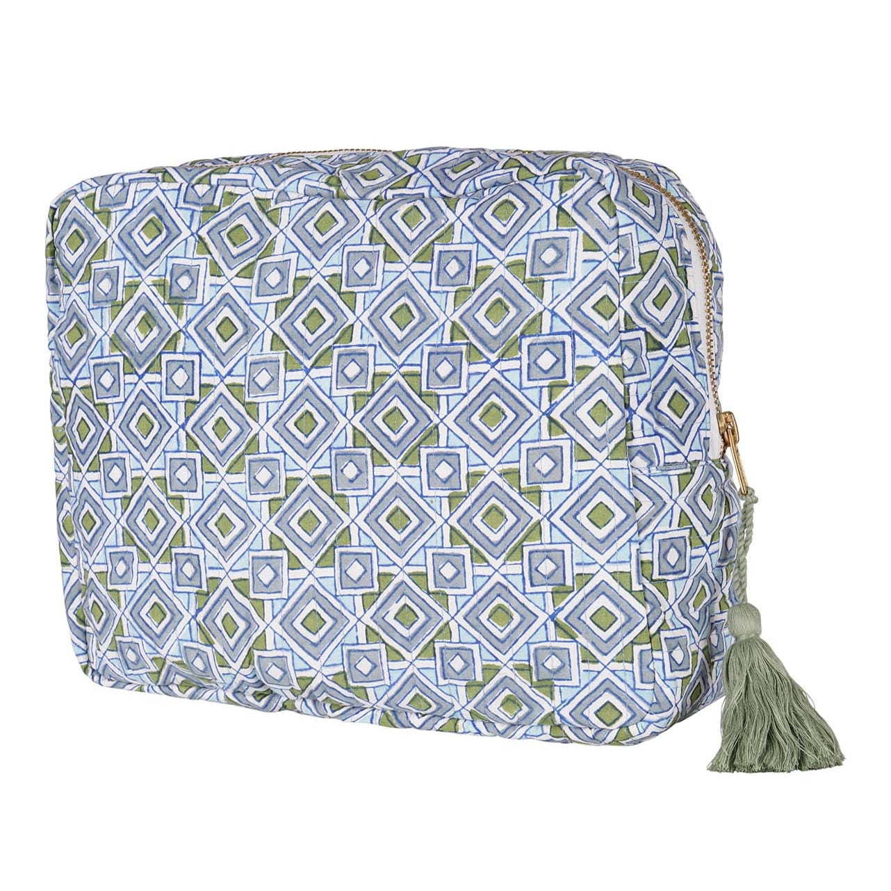 A multicolored hand block-printed vanity pouch with a zip and a small tassel, displayed against a plain background.