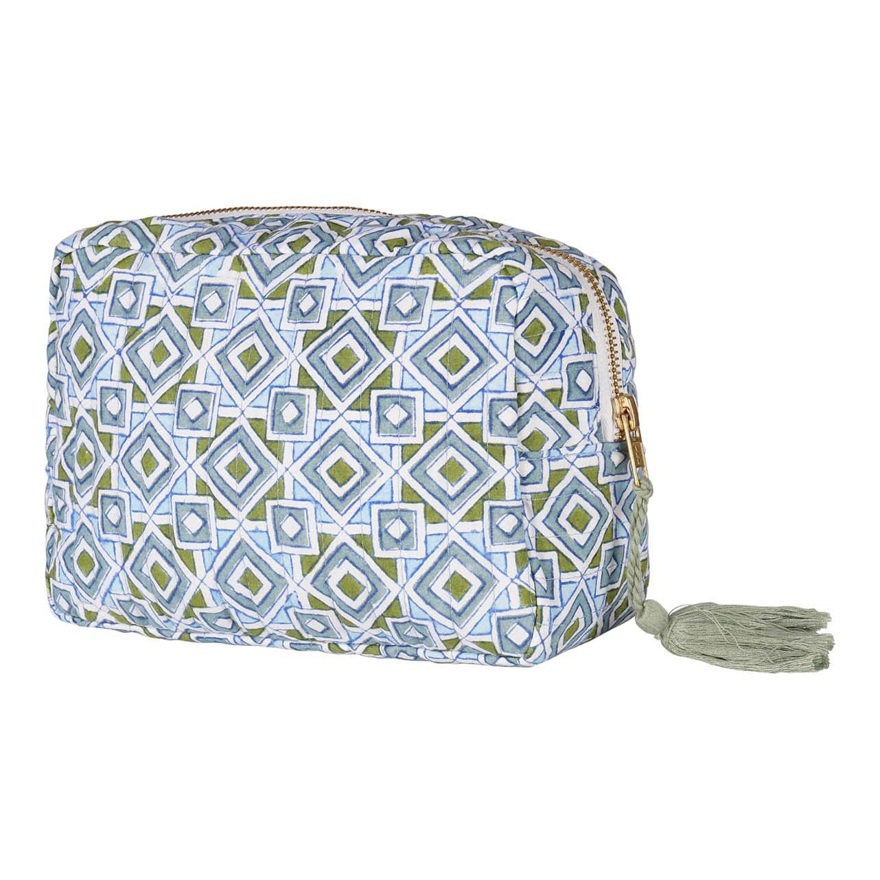 A multicolored hand block-printed vanity pouch with a zip and a small tassel, displayed against a plain background.