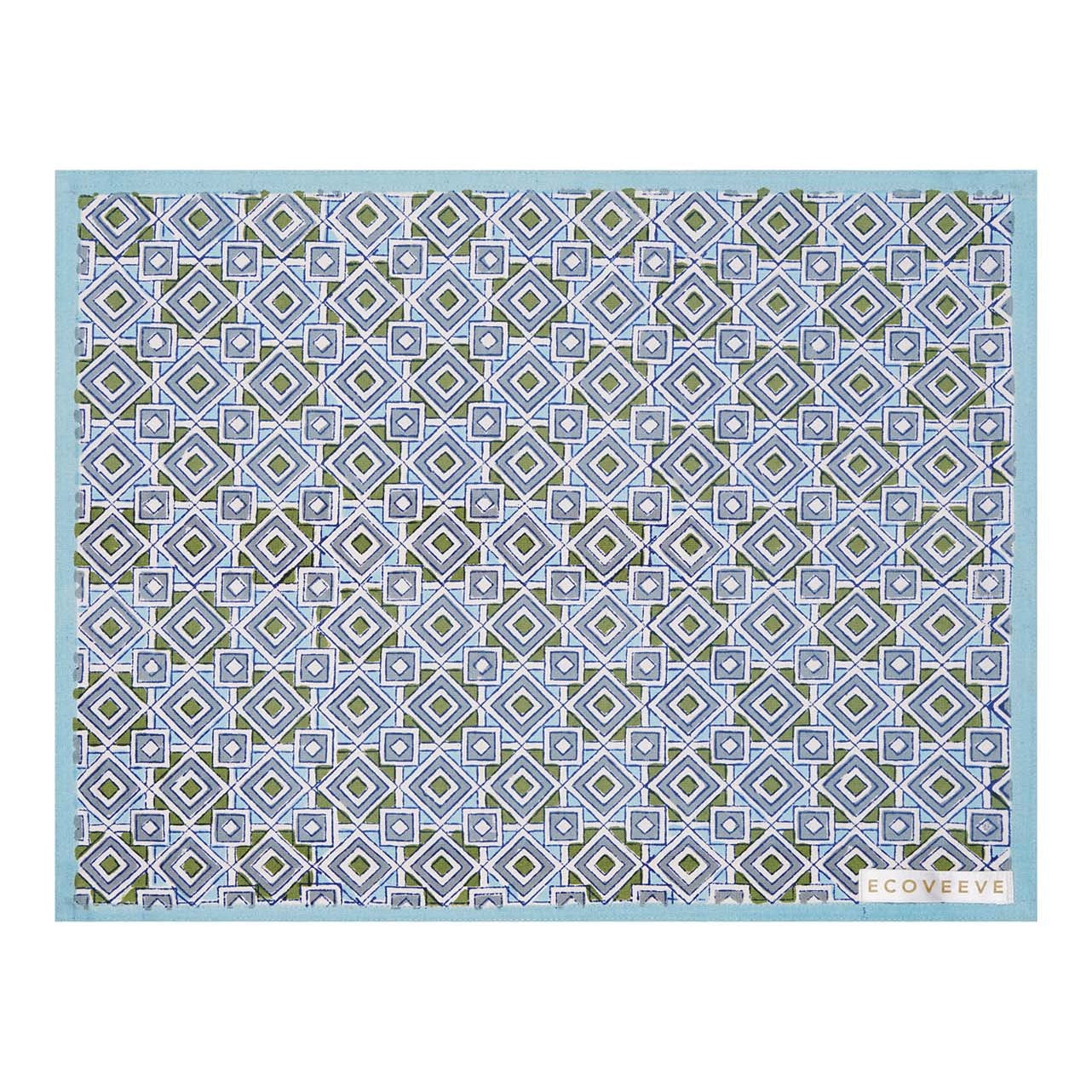 A hand-block printed blue cotton table mat with a geometric pattern.