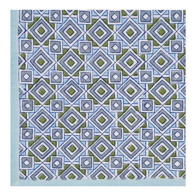 Block printed Maheshwar Table napkin in geometric blues and greens