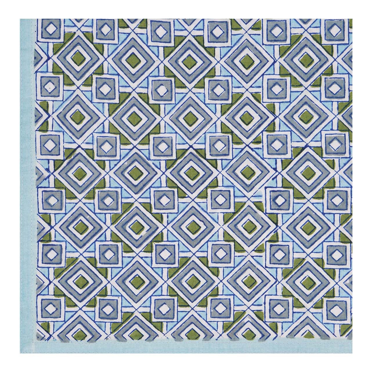 Block printed Maheshwar Table napkin in geometric blues and greens