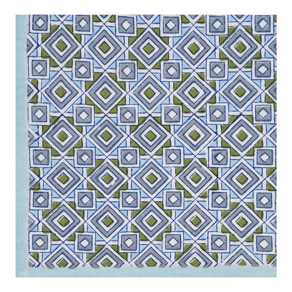 Block printed Maheshwar Table napkin in geometric blues and greens