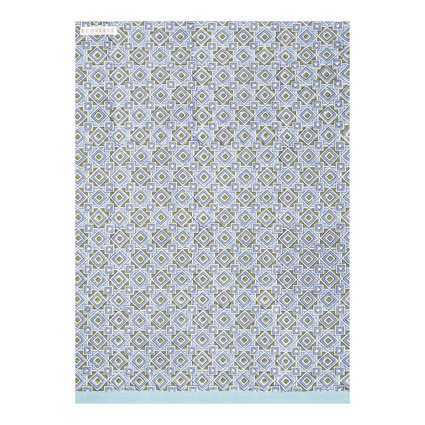 A hand-block printed cotton tea towel with a floral pattern in blue and white colors.