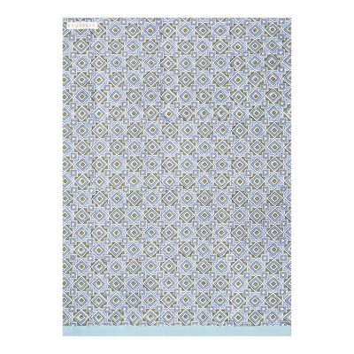 A hand-block printed cotton tea towel with a floral pattern in blue and white colors.
