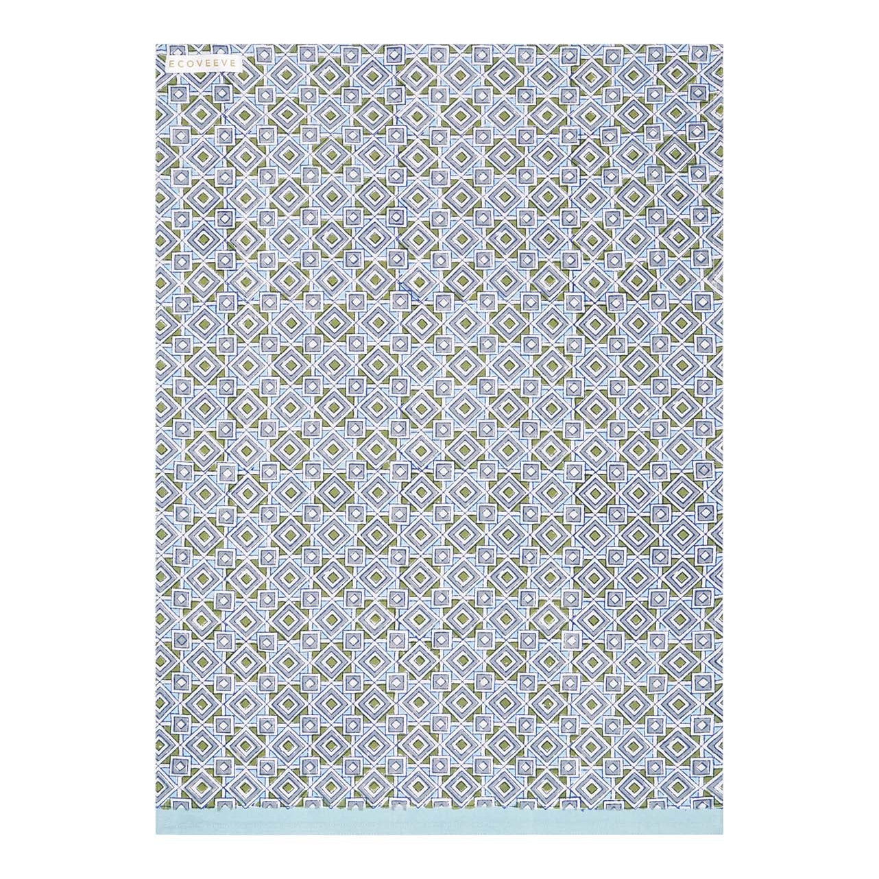 A hand-block printed cotton tea towel with a floral pattern in blue and white colors.