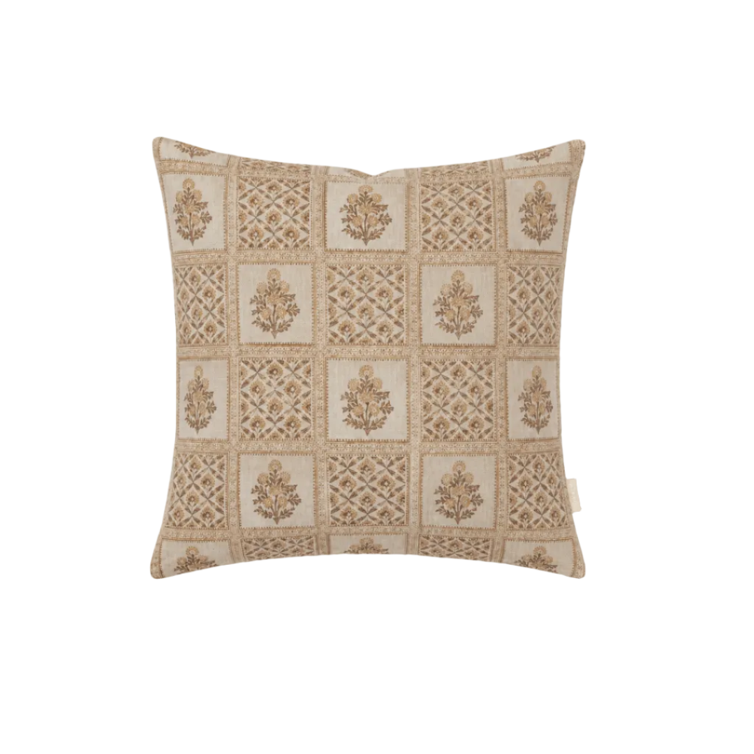 margot meadow hand block printed natural creams, soft yellow and subtle floral design.