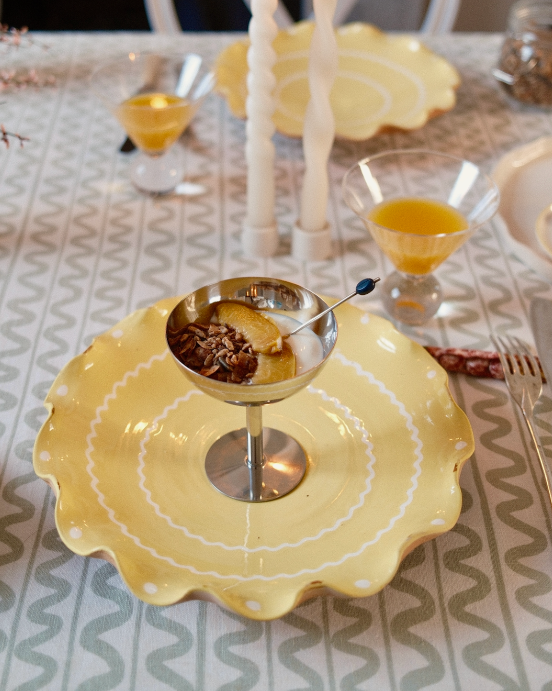 Buttery Yellow Ripple Serving Plate  with Marla Primrose Silver Coupe Retro Ice Cream Desert