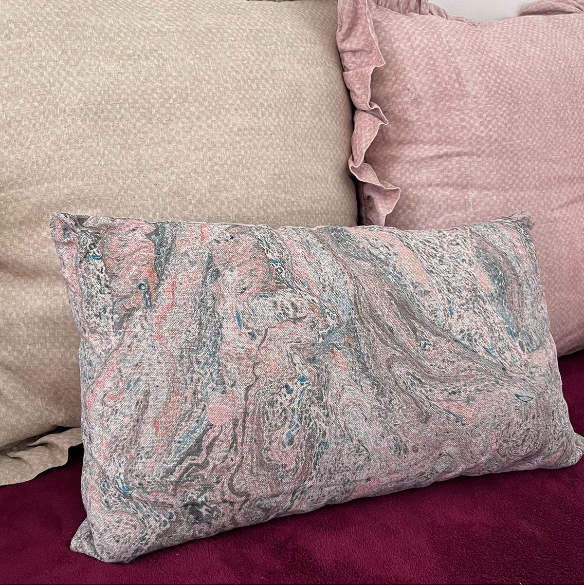 Marbled blue beige rustic linen cushion cover