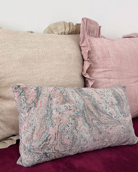 Marbled blue beige rustic linen cushion cover