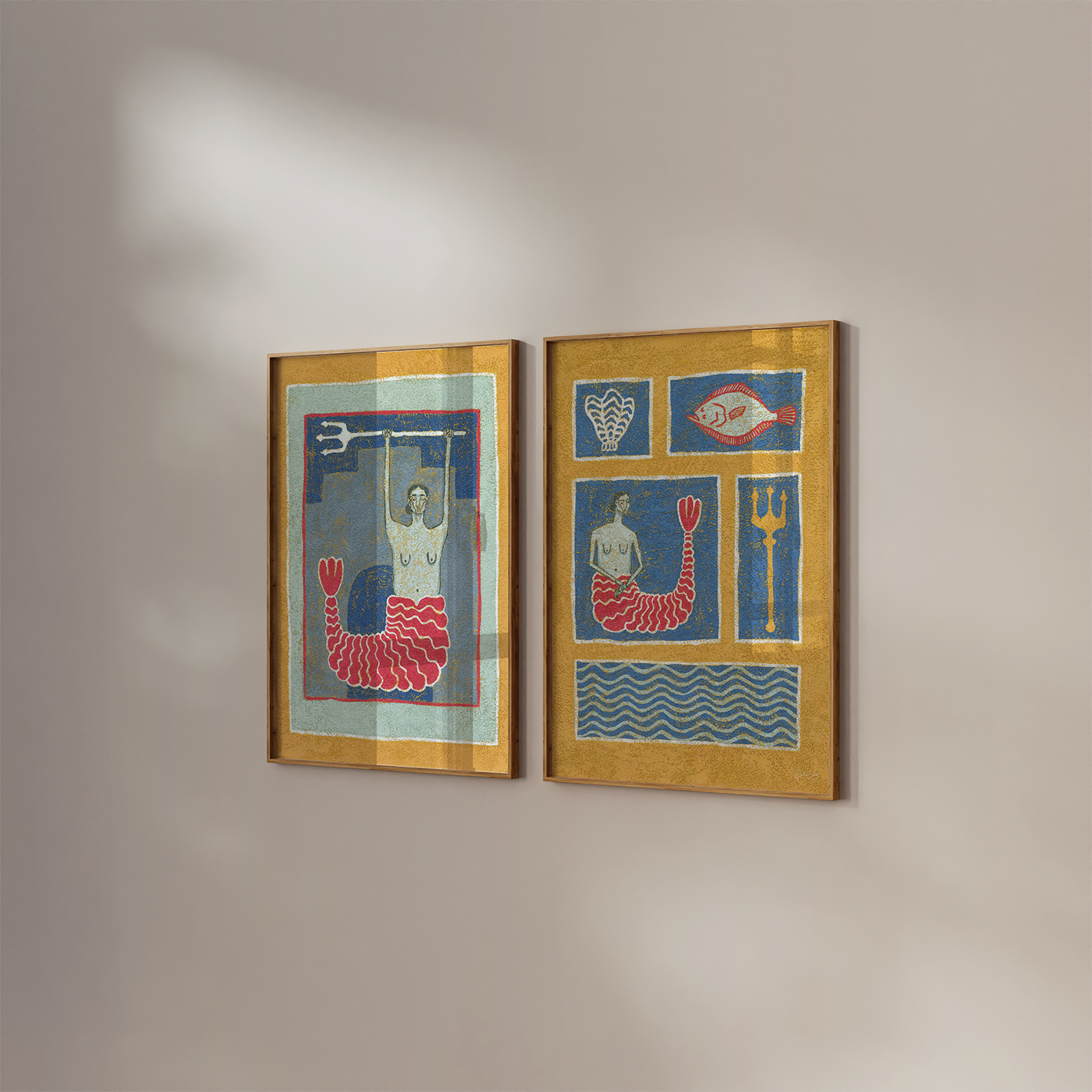 Colorful giclée prints each featuring a mermaid with patterned tails