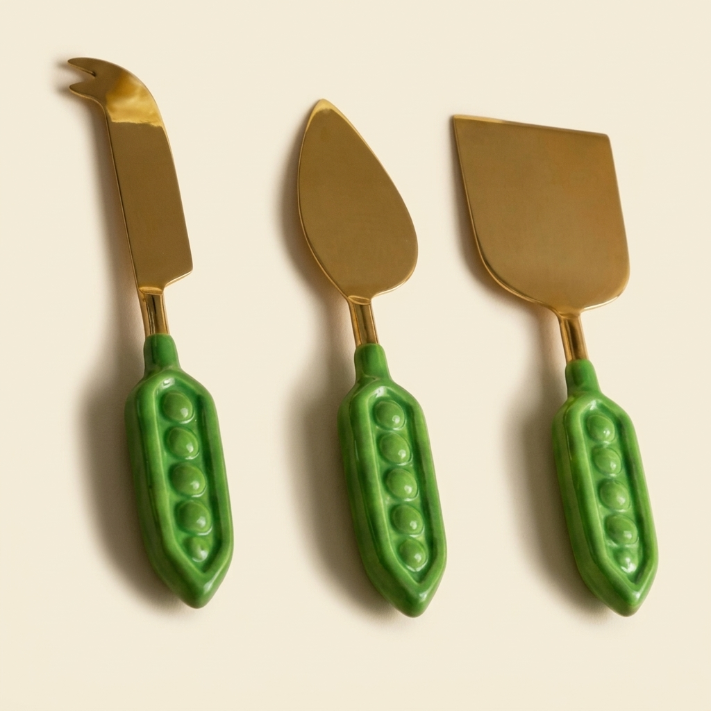 Three gold cheese knives with green pea pod handles on a beige background
