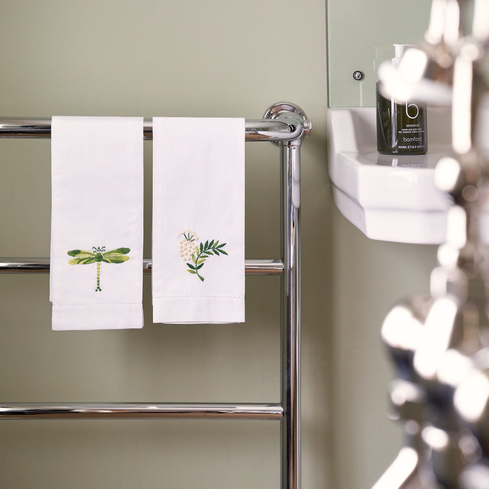 Hand embroidered Cotton Green Mimosa Hand Towel
