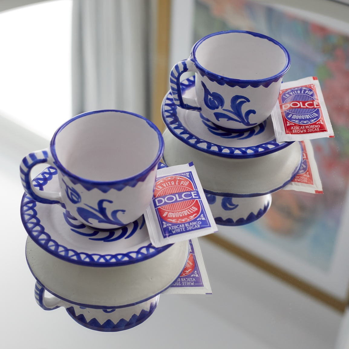 cup and soucer cafe con leche handmade white and blue hotel mongibello ibiza - lifestyle