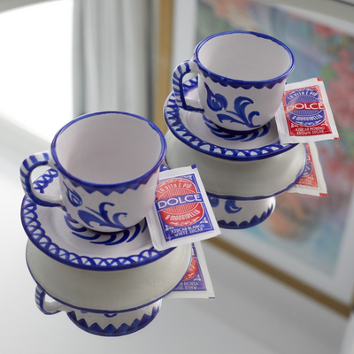 cup and soucer cafe con leche handmade white and blue hotel mongibello ibiza - lifestyle