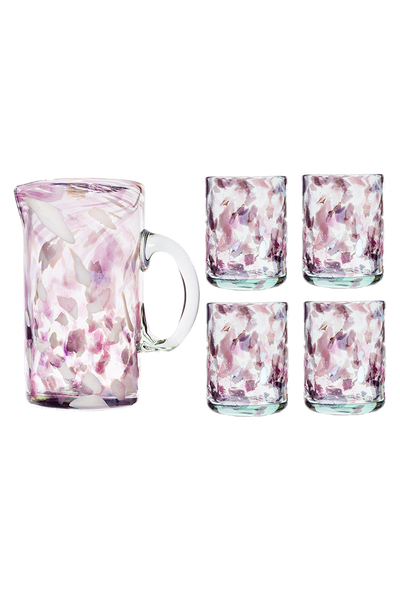 Set of pink glass pitcher and four glasses