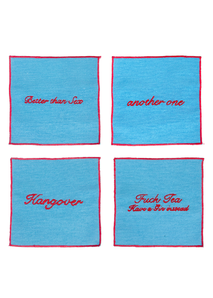 Set of 4 Cocktail Napkins - Light Blue and Red