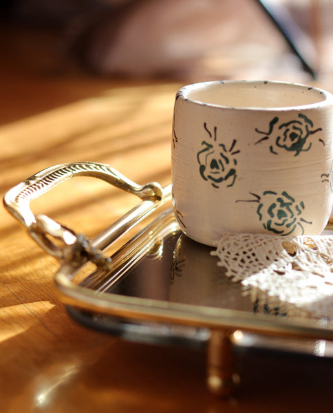 CERAMIC TEA CUP HAND PAINTED WITH GREEN ROSES