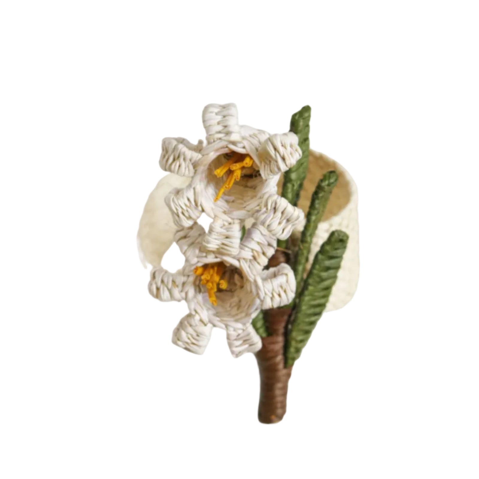 Wild Flower napkin ring, Lily of the Valley, handwoven iraca palm, holding a folded napkin