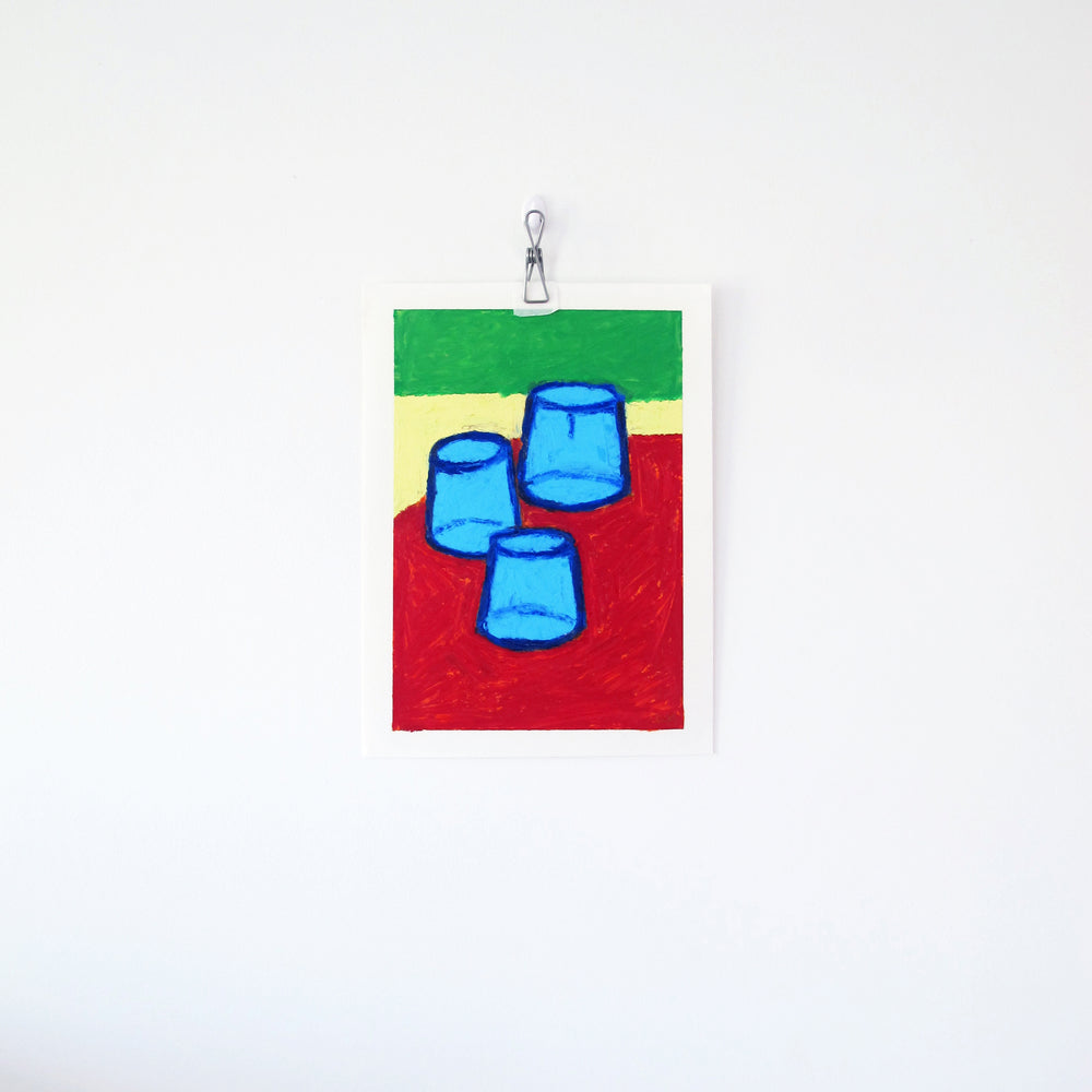 Blue Water Glasses Original Oil Pastel Artwork