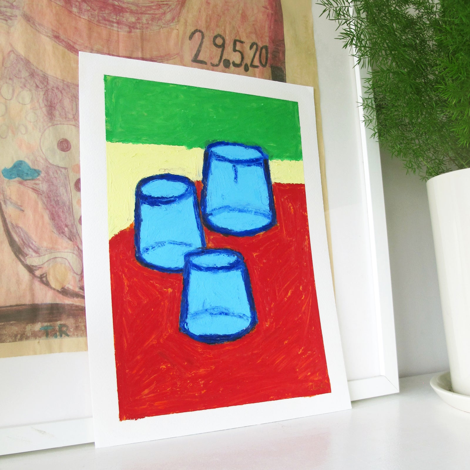 Blue Water Glasses Original Oil Pastel Artwork