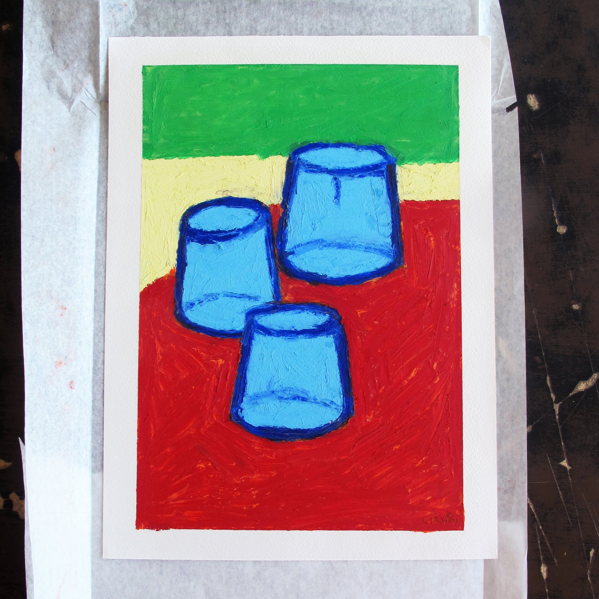 Blue Water Glasses Original Oil Pastel Artwork