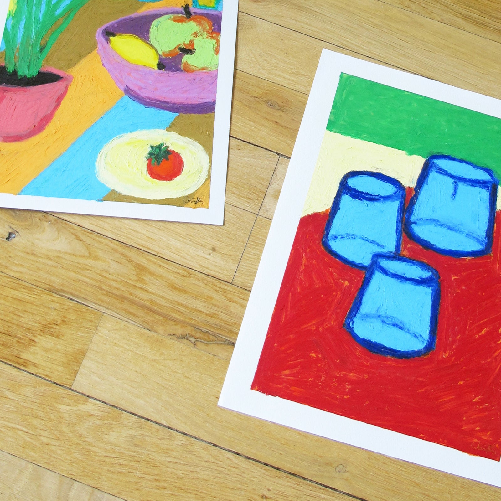 Blue Water Glasses Original Oil Pastel Artwork