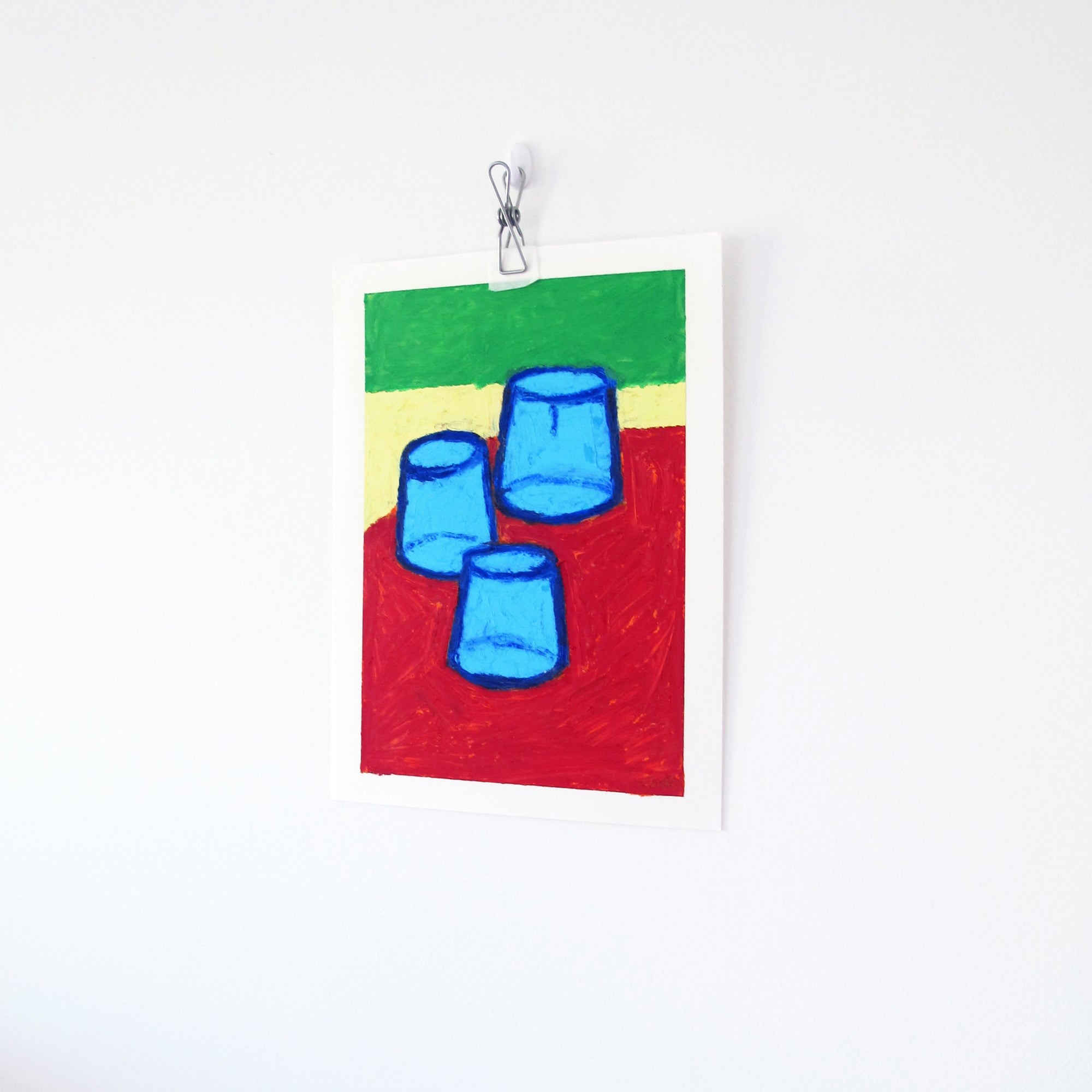 Blue Water Glasses Original Oil Pastel Artwork