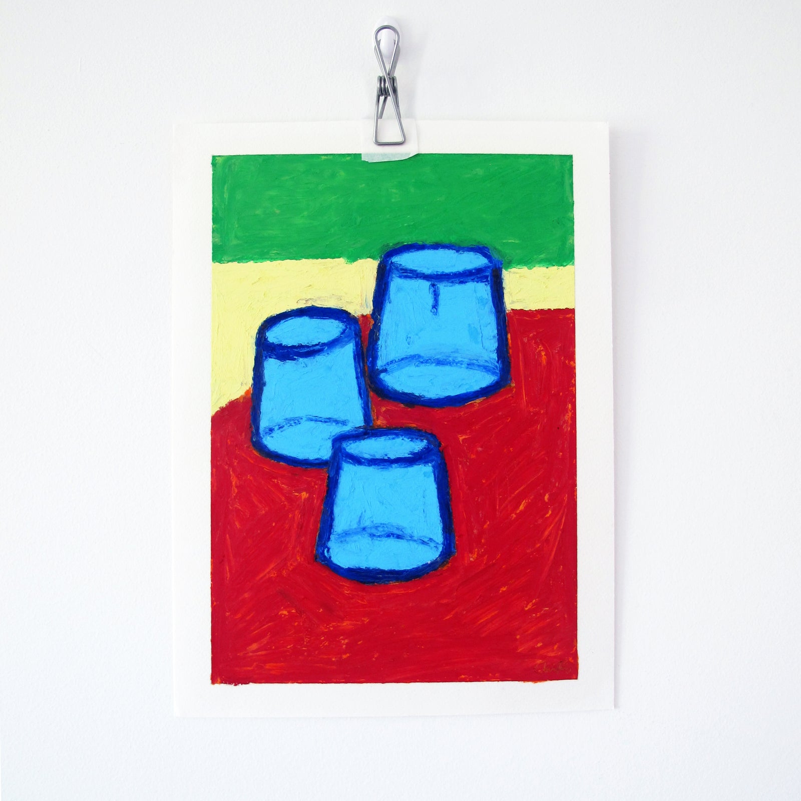Blue Water Glasses Original Oil Pastel Artwork